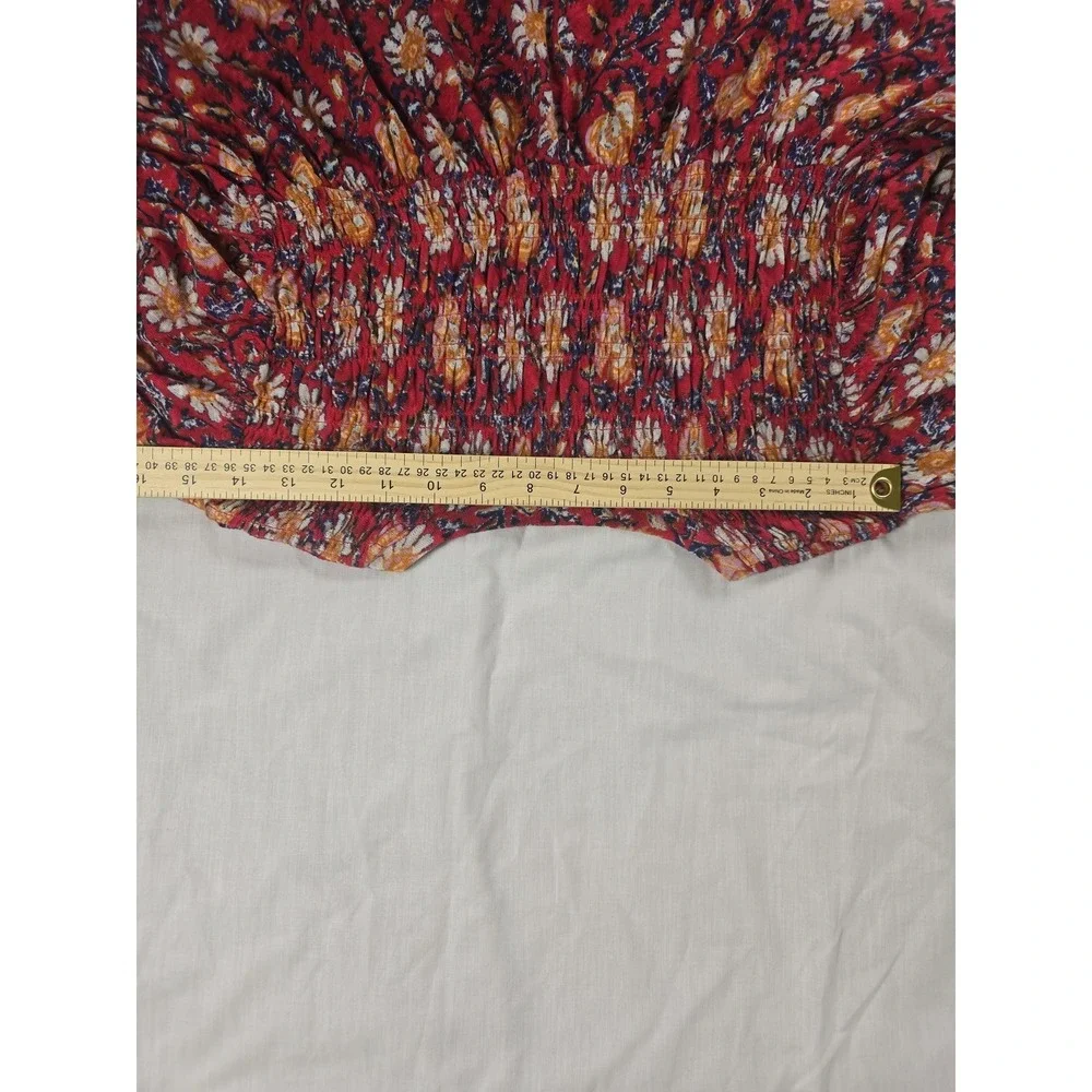 Free People Top Womens Small Red Floral Smocked Puff Sleeve Crop Blouse Boho